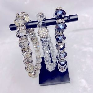 Set of 3 Handmade silver & gray metallic, glass, & rhinestone stretch bracelets